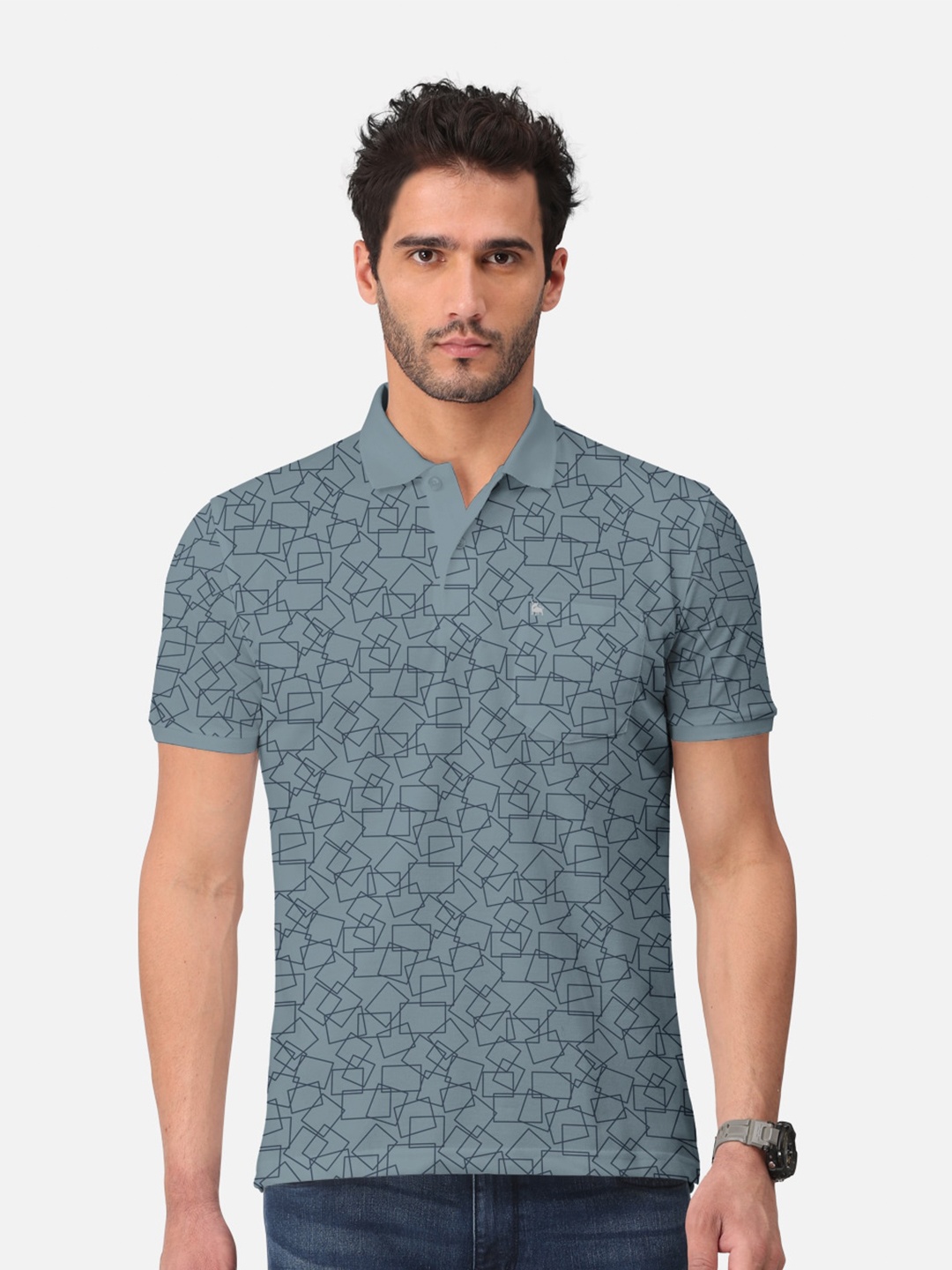 

BULLMER Geometric Printed Polo Collar Short Sleeves Cotton T-shirt, Grey