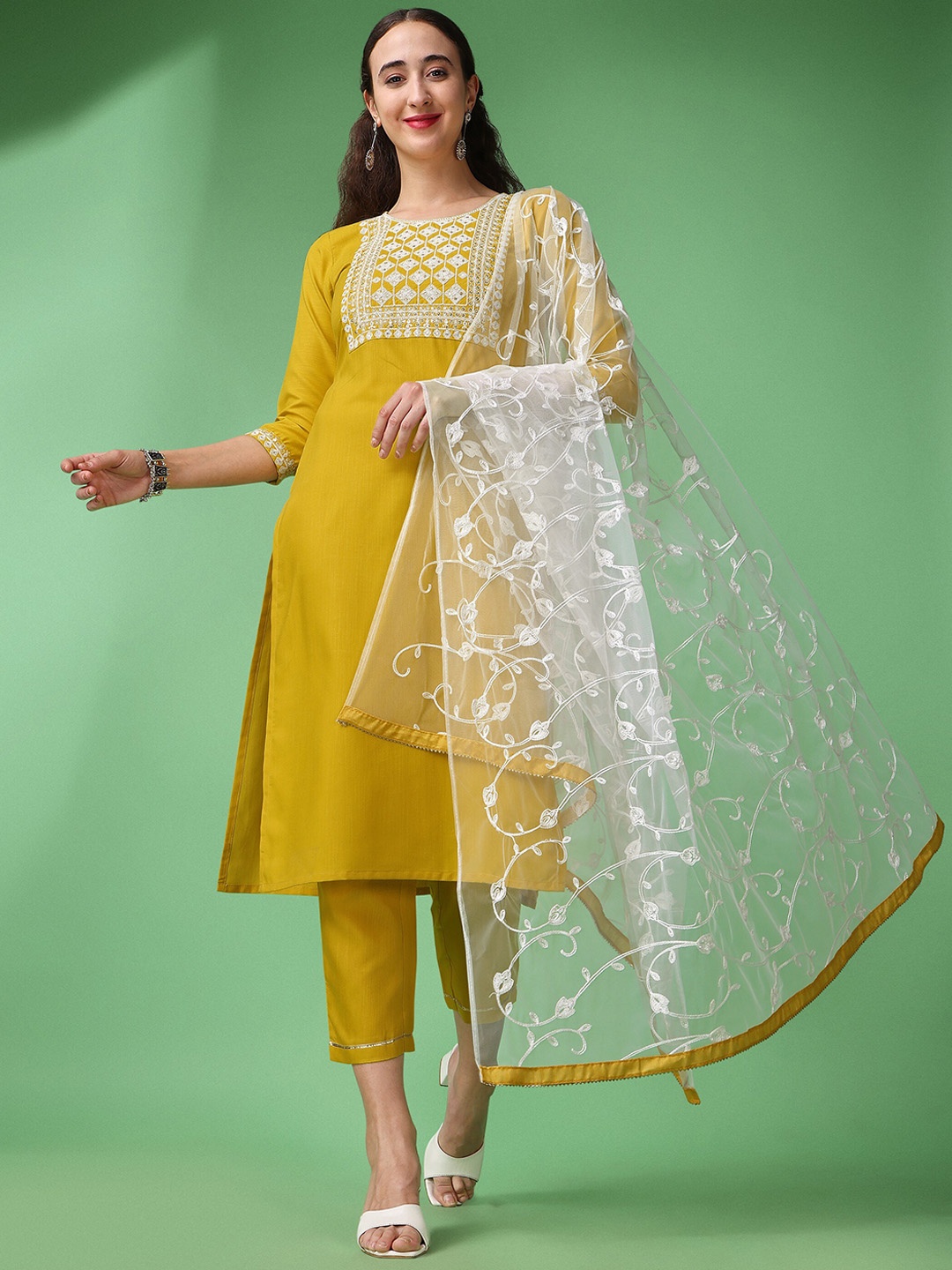 

ASPORA Floral Embroidered Sequinned A-Line Kurta with Trousers & Dupatta, Mustard