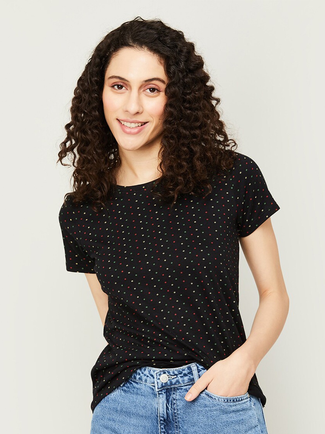 

Fame Forever by Lifestyle Geometric Printed Pure Cotton Top, Black