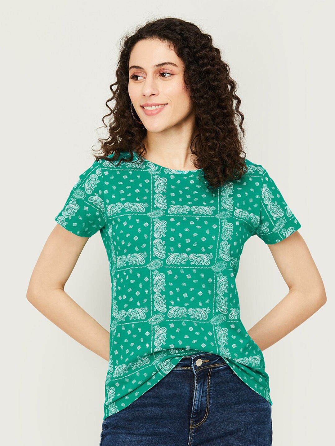 

Fame Forever by Lifestyle Green Ethnic Motifs Printed Pure Cotton Top