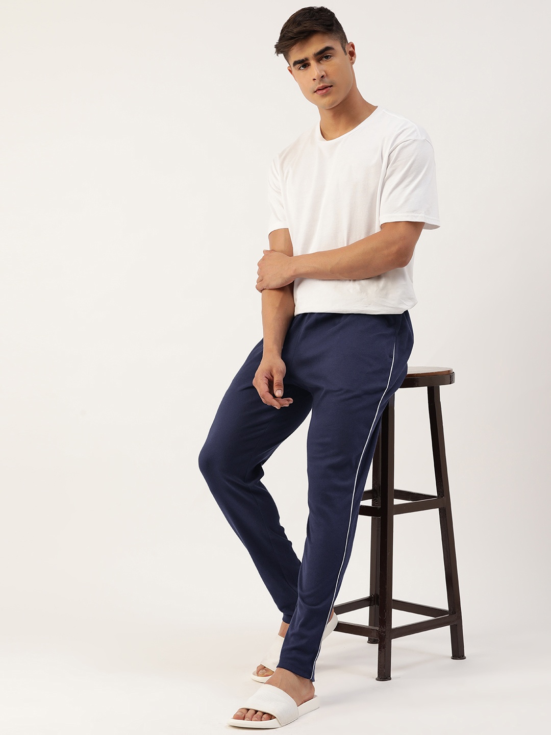 

ETC Men Solid Mid-Rise Pure Cotton Lounge Pants, Navy blue