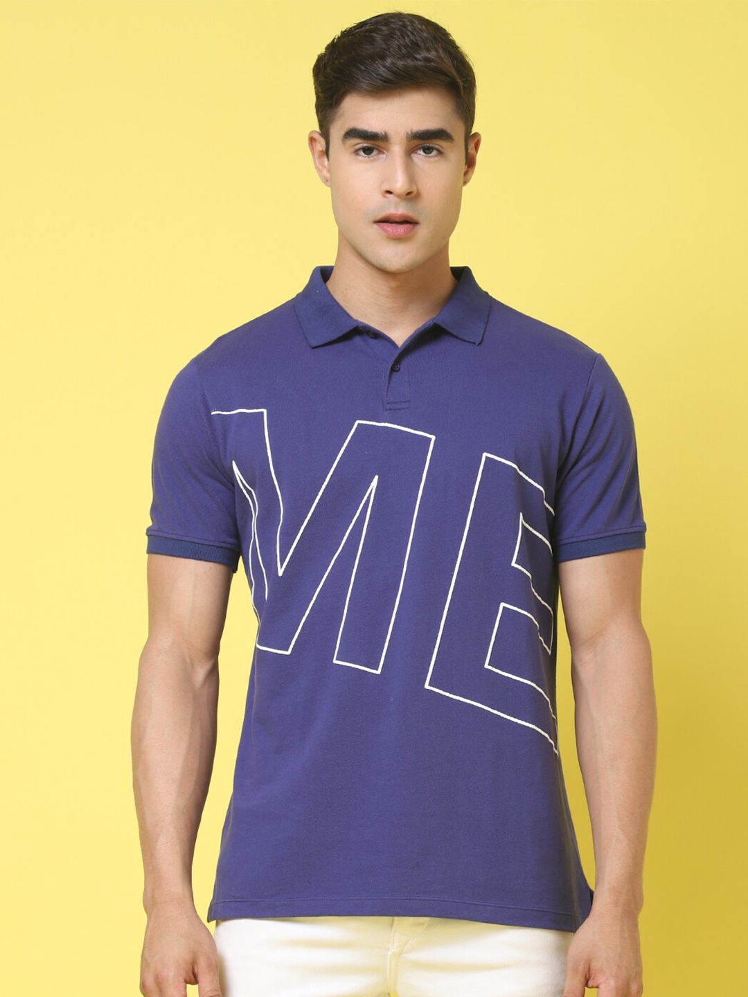 

DOOR74 Typography Printed Polo Collar Cotton T-shirt, Navy blue