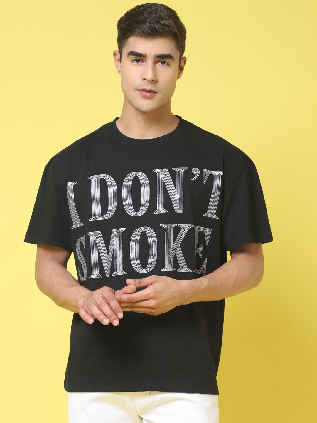 

DOOR74 Typography Printed Loose Fit Cotton T-shirt, Black