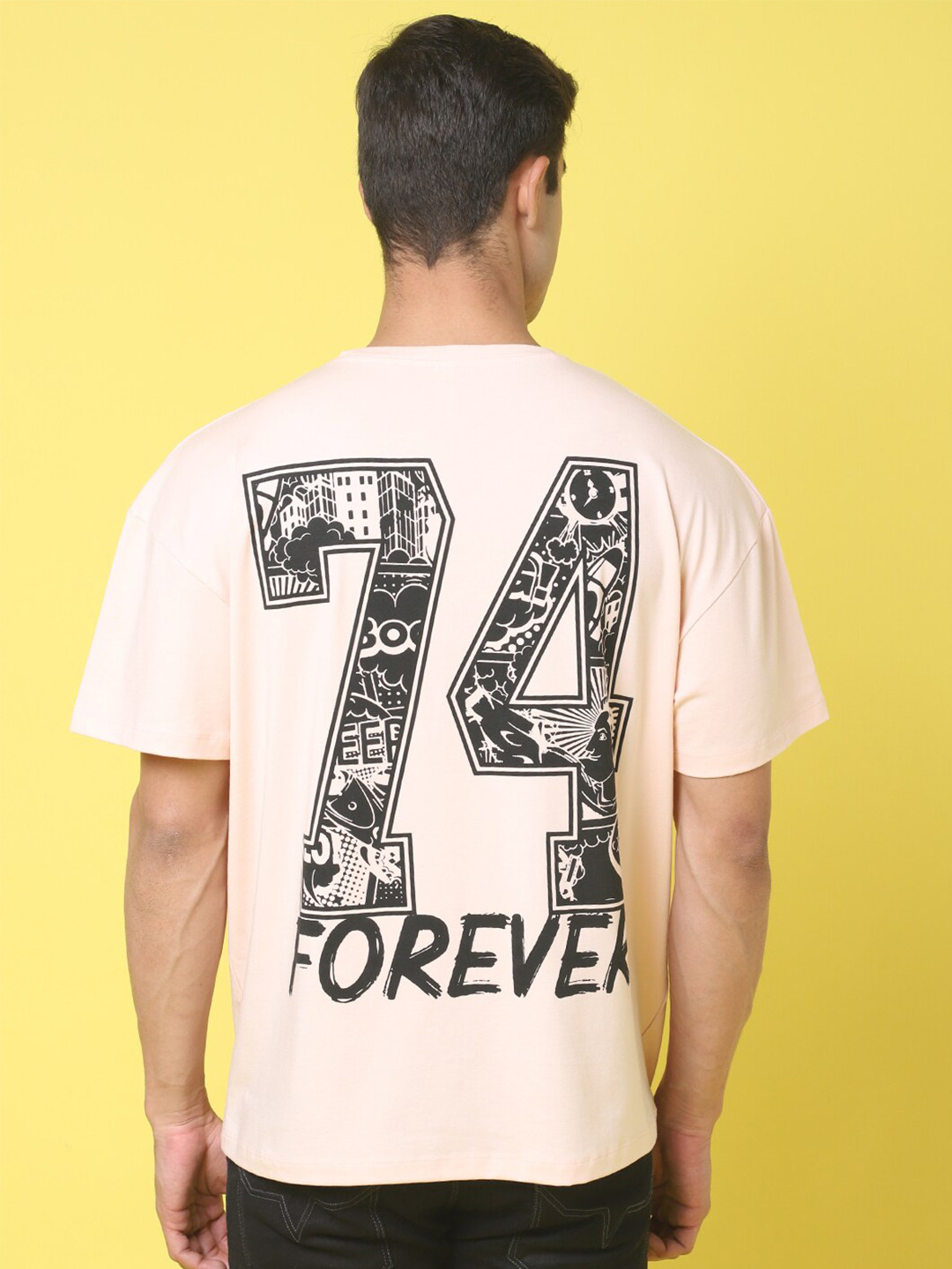 

DOOR74 Typography Printed Drop-Shoulder Sleeves Cotton LooseT-shirt, Pink