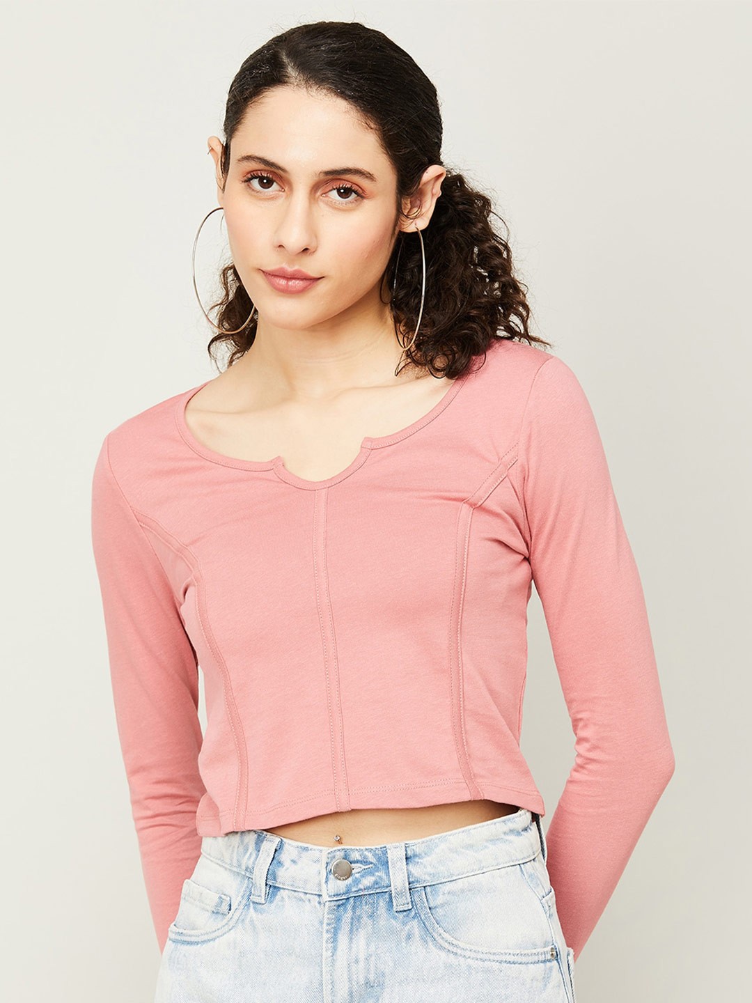 

Ginger by Lifestyle Round Neck Long Sleeves Crop Top, Peach