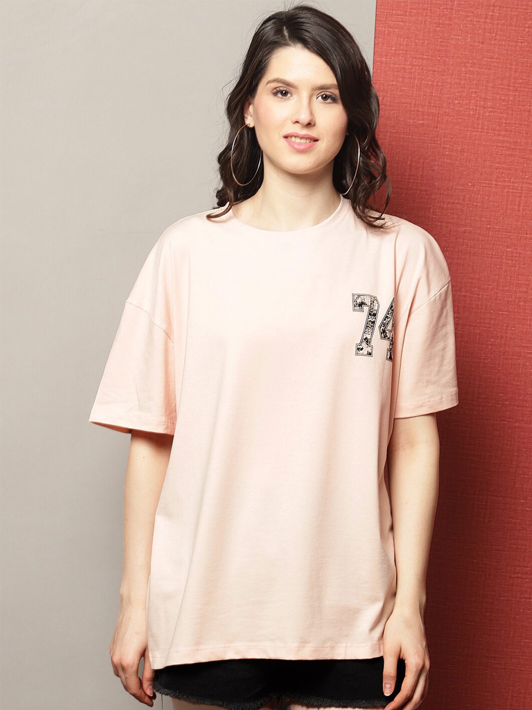 

DOOR74 Typography Printed Drop-Shoulder Sleeves Cotton Loose T-shirt, Pink