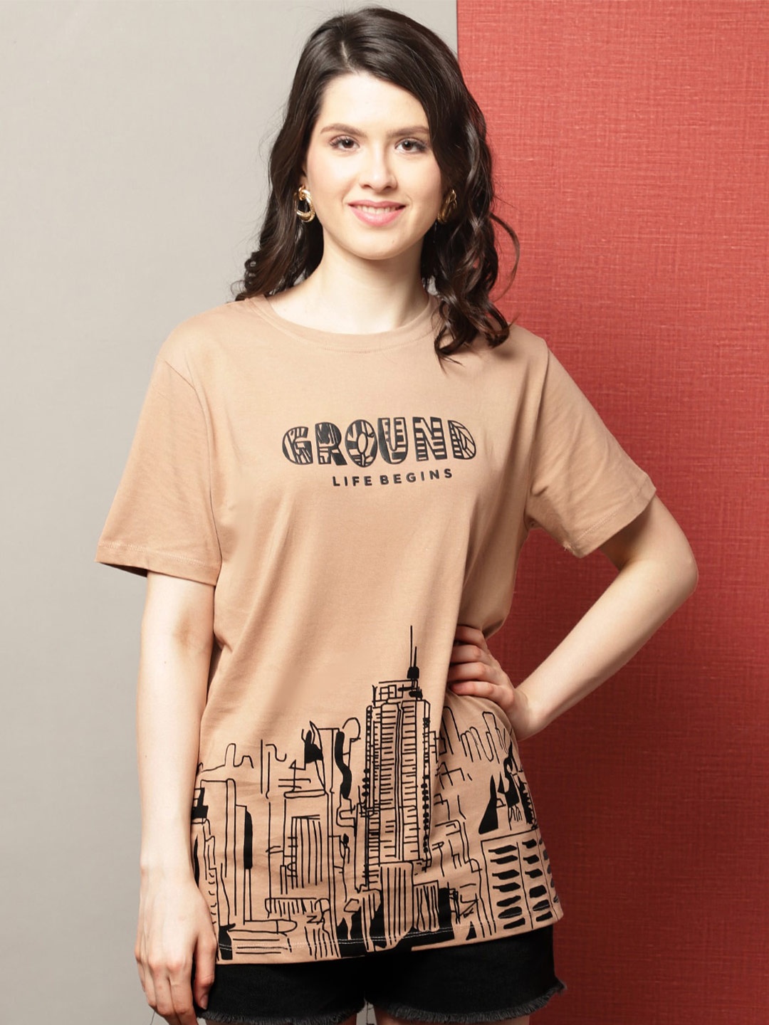 

DOOR74 Graphic Printed Drop-Shoulder Sleeves Cotton T-shirt, Brown