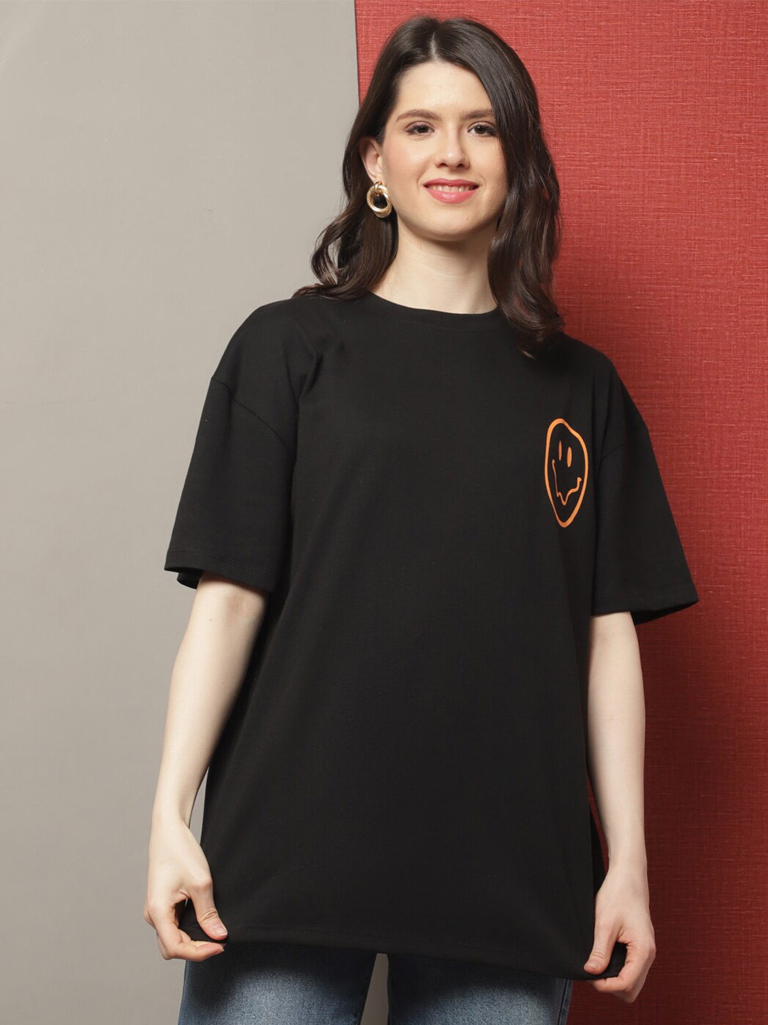 

DOOR74 Typography Printed Drop-Shoulder Sleeves Cotton Loose T-shirt, Black
