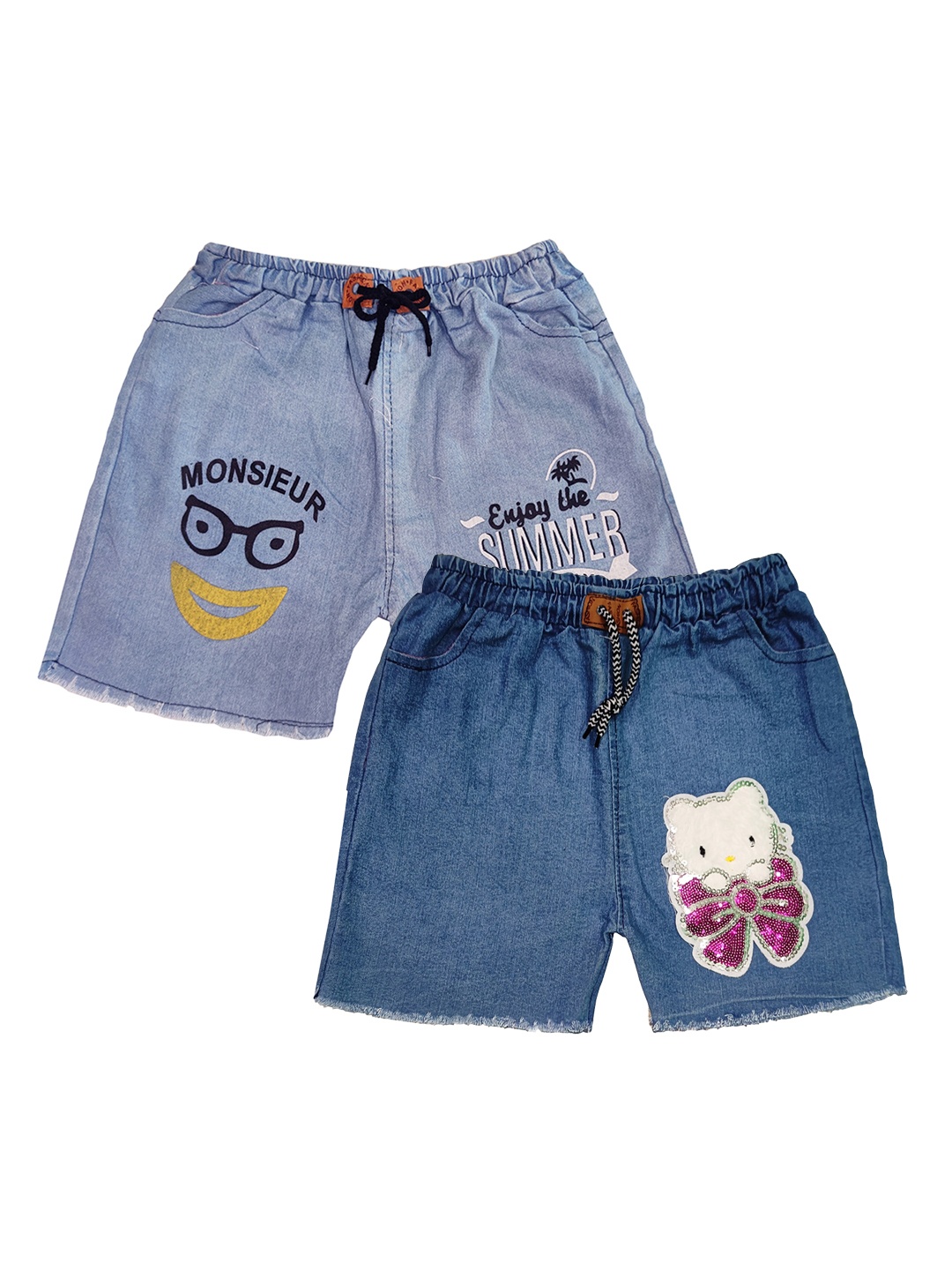 

PINVE Girls Pack of 2 Typography Printed Denim Shorts, Blue