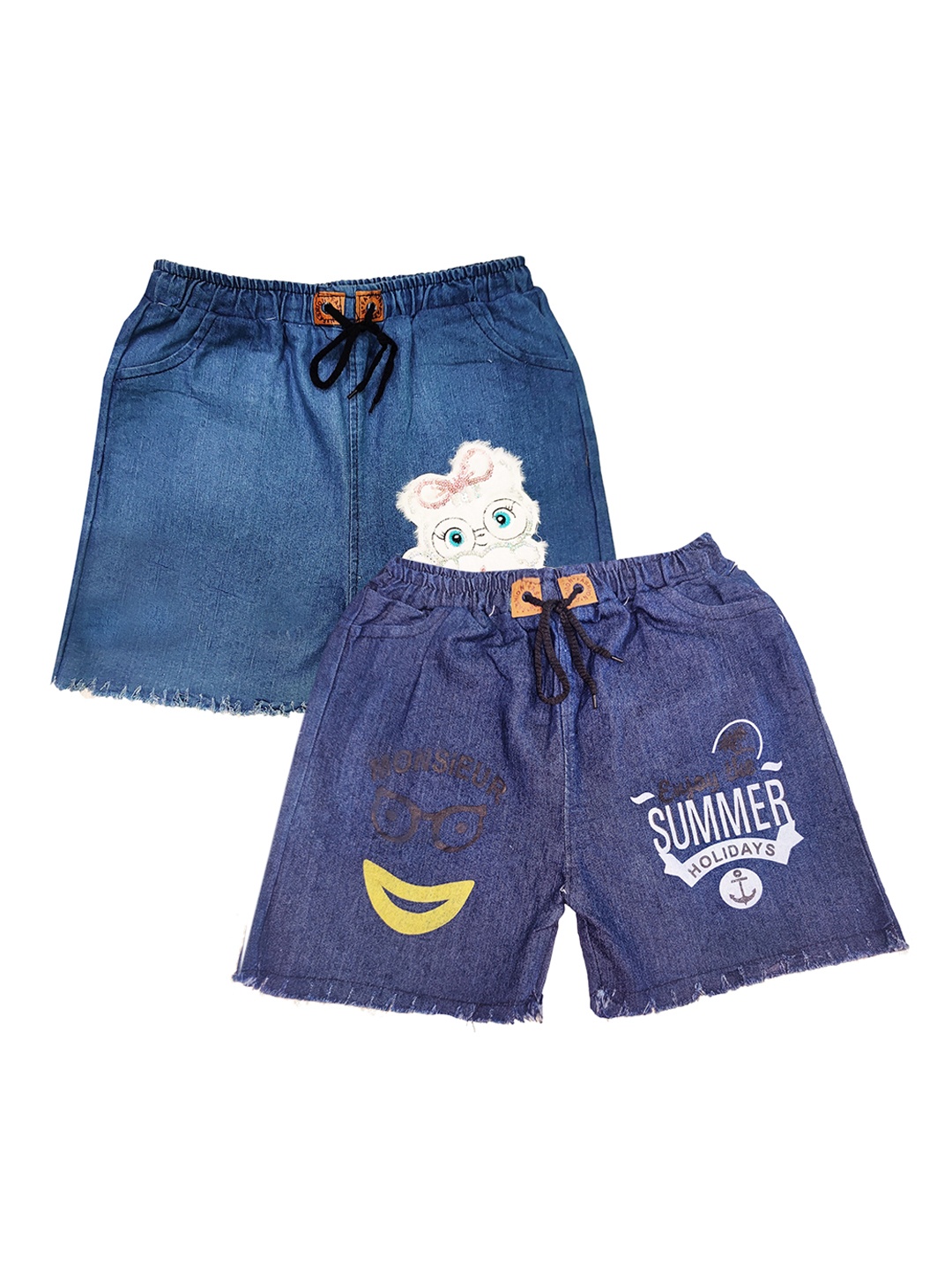 

PINVE Girls Pack of 2 Printed Denim Shorts, Blue