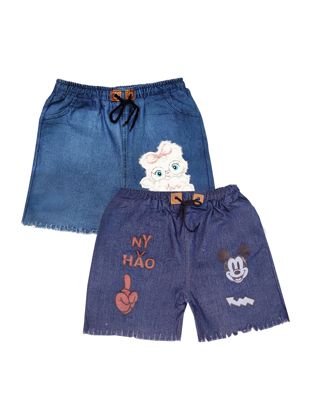

PINVE Girls Pack of 2 Mickey Mouse Printed Denim Shorts, Blue