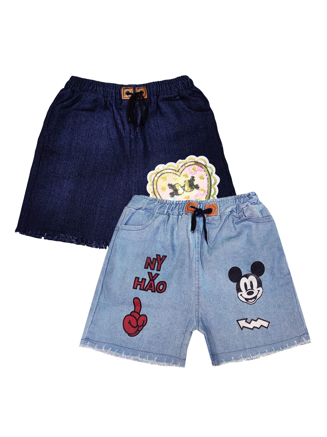 

PINVE Girls Pack of 2 Mickey Mouse Printed Denim Shorts, Blue