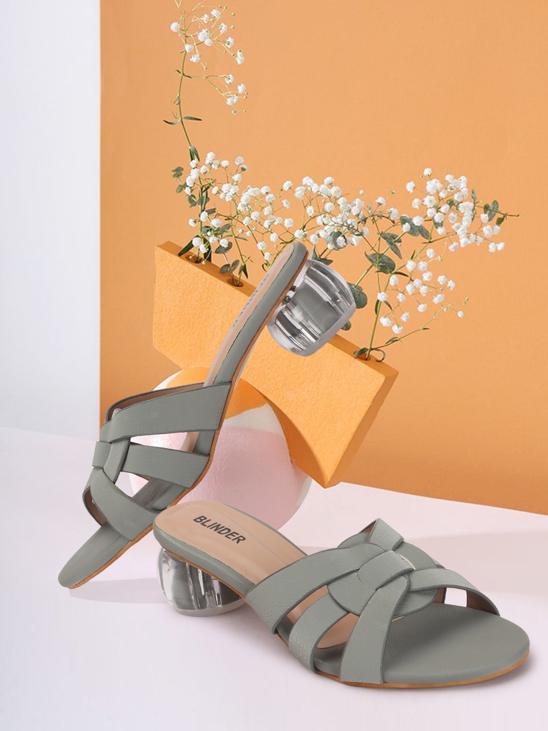 

BLINDER Textured Slip On Open Toe Block Heels, Grey