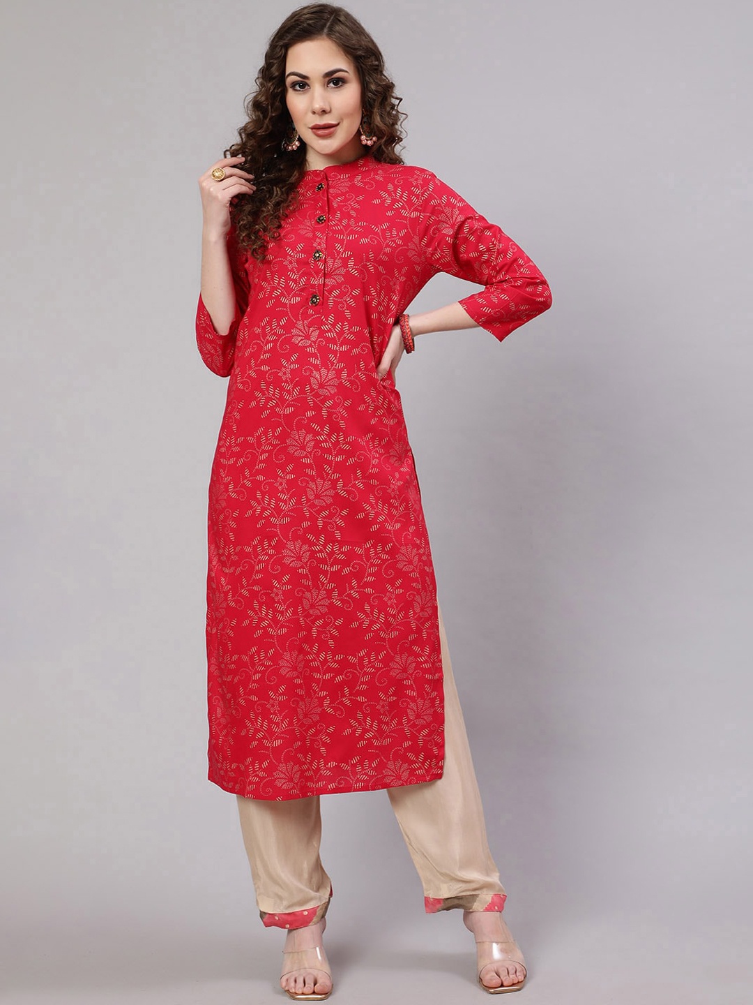 

Pankvi Ethnic Motif Printed Foil Print Band Collar Straight Kurta, Red