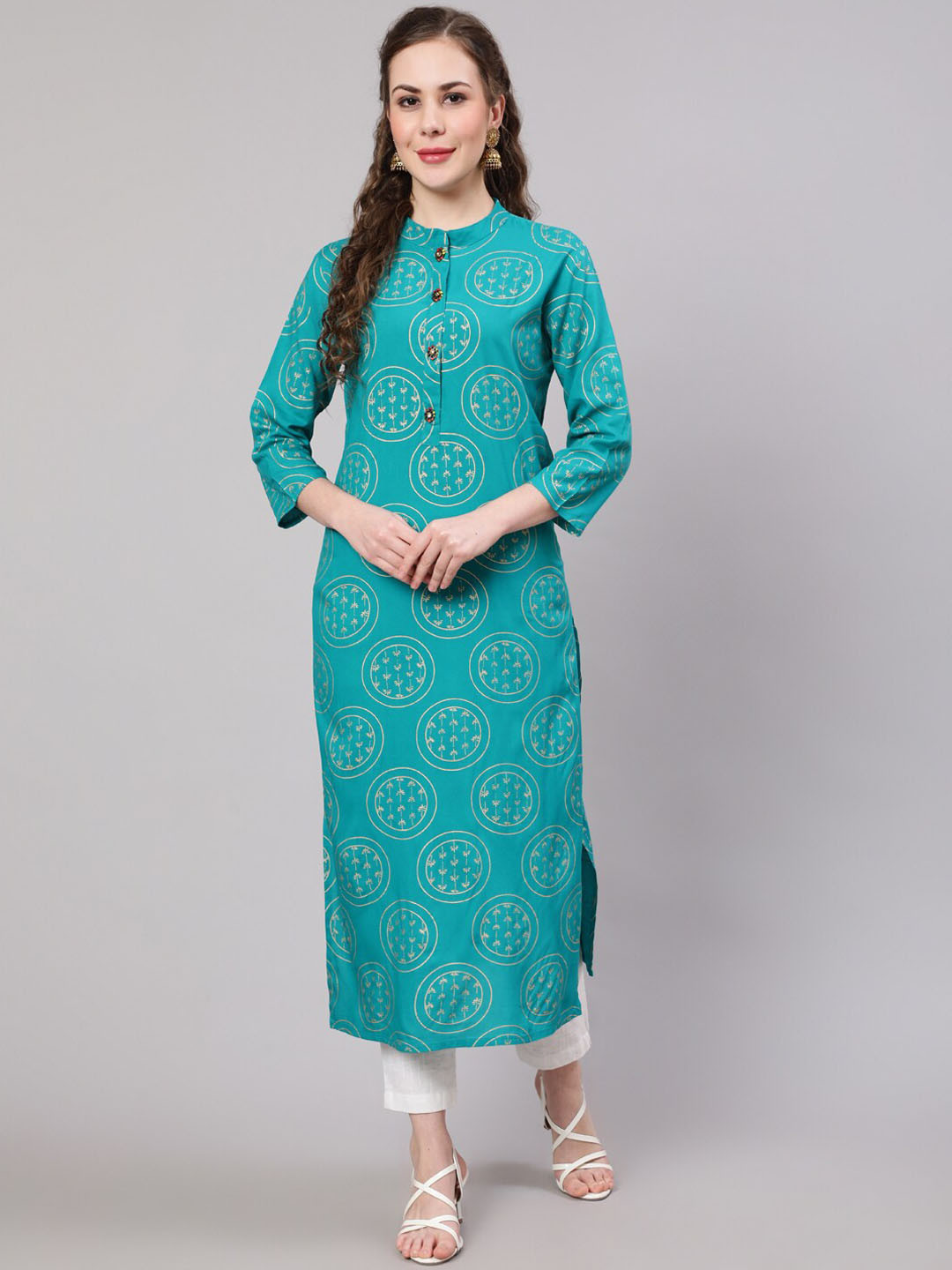 

Pankvi Ethnic Motif Printed Foil Print Band Collar Straight Kurta, Turquoise blue