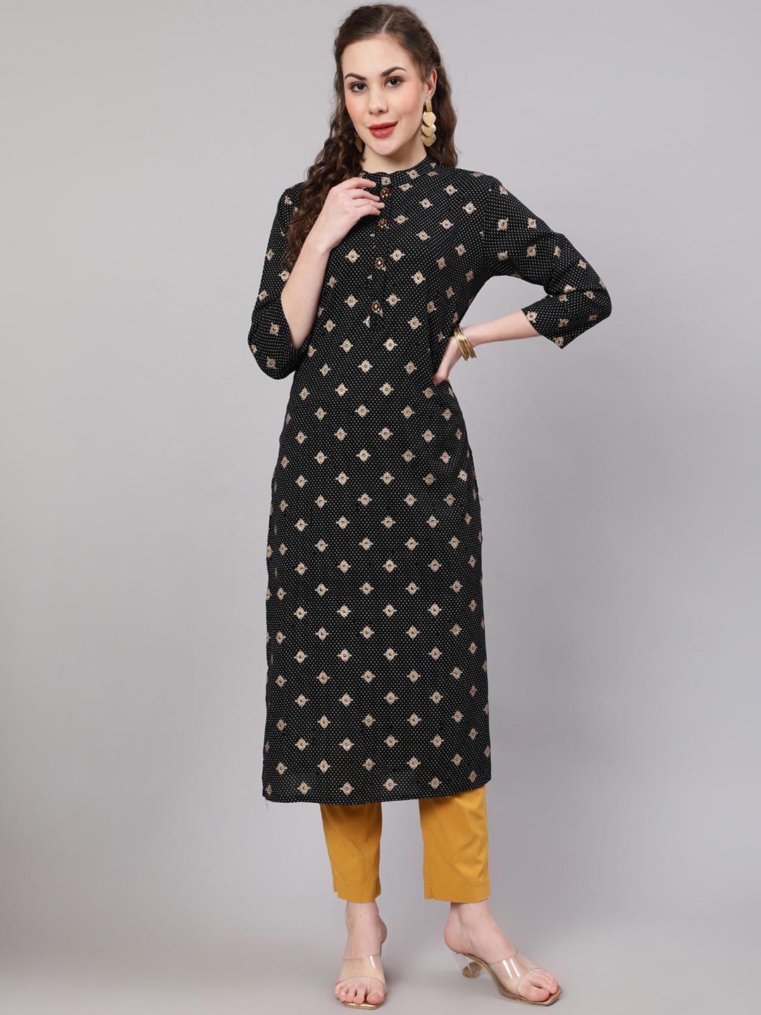 Pankvi Ethnic Printed Band Collar Foil Print Straight Kurta, Black