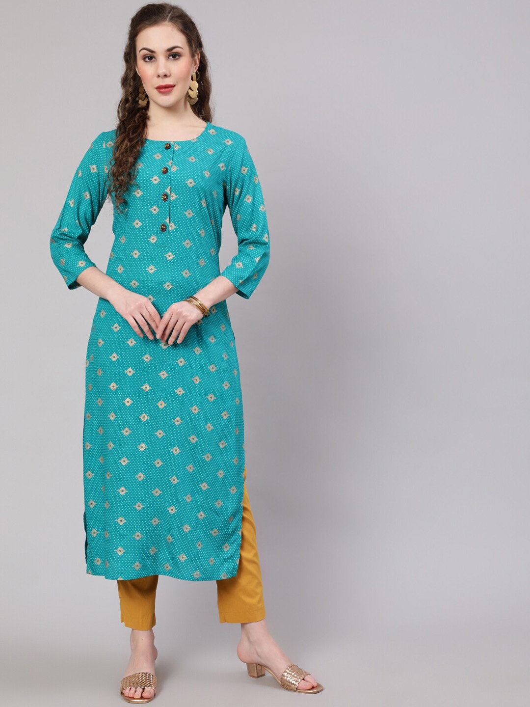 

Pankvi Ethnic Motifs Foil Printed Straight Kurta, Turquoise blue