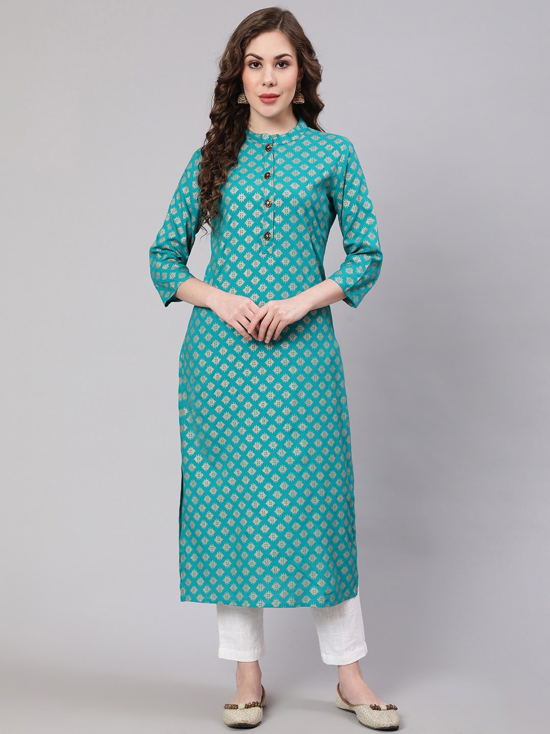 

Pankvi Mandarin Collar Ethnic Motifs Foil Printed Straight Kurta, Turquoise blue