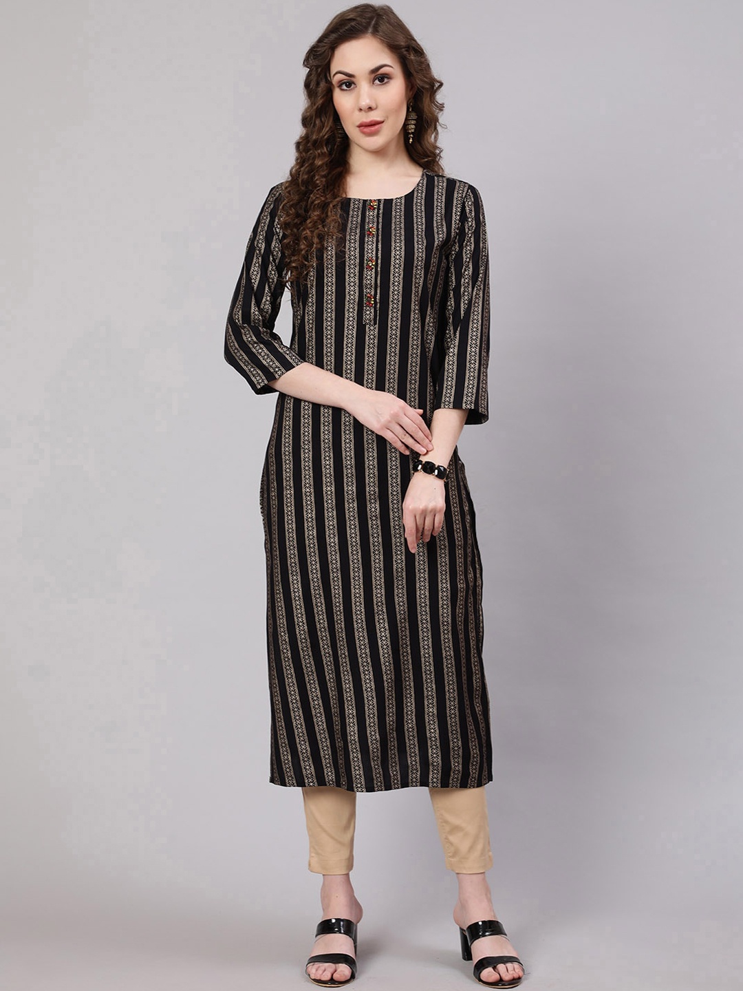 

Pankvi Striped Printed Round Neck Straight Regular Kurta, Black