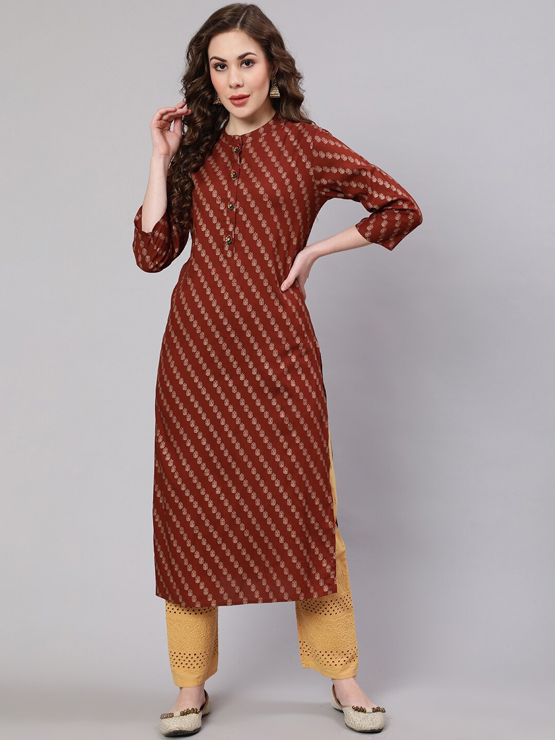 

Pankvi Floral Printed Band Collar Foil Print Straight Kurta, Rust