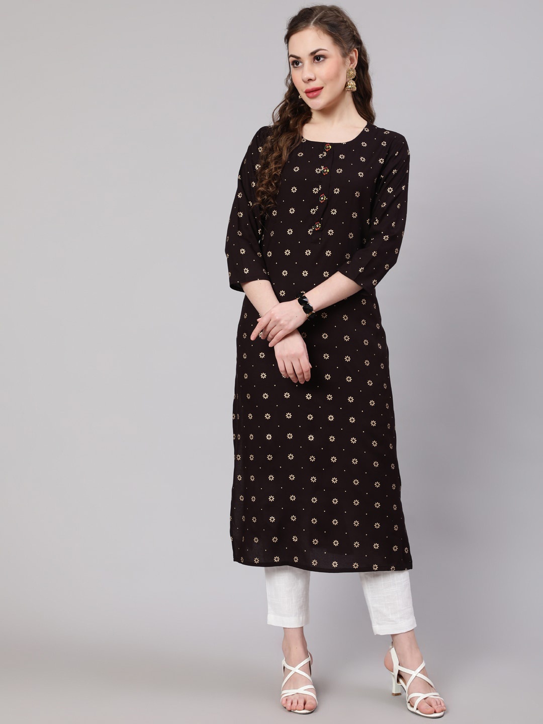 

Pankvi Floral Foil Printed Straight Kurta, Brown