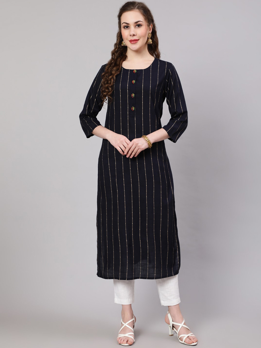 

Pankvi Striped Straight Foil Print Kurta, Navy blue