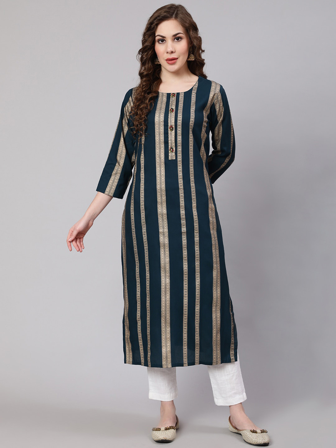 

Pankvi Striped Printed Straight Regular Kurta, Teal