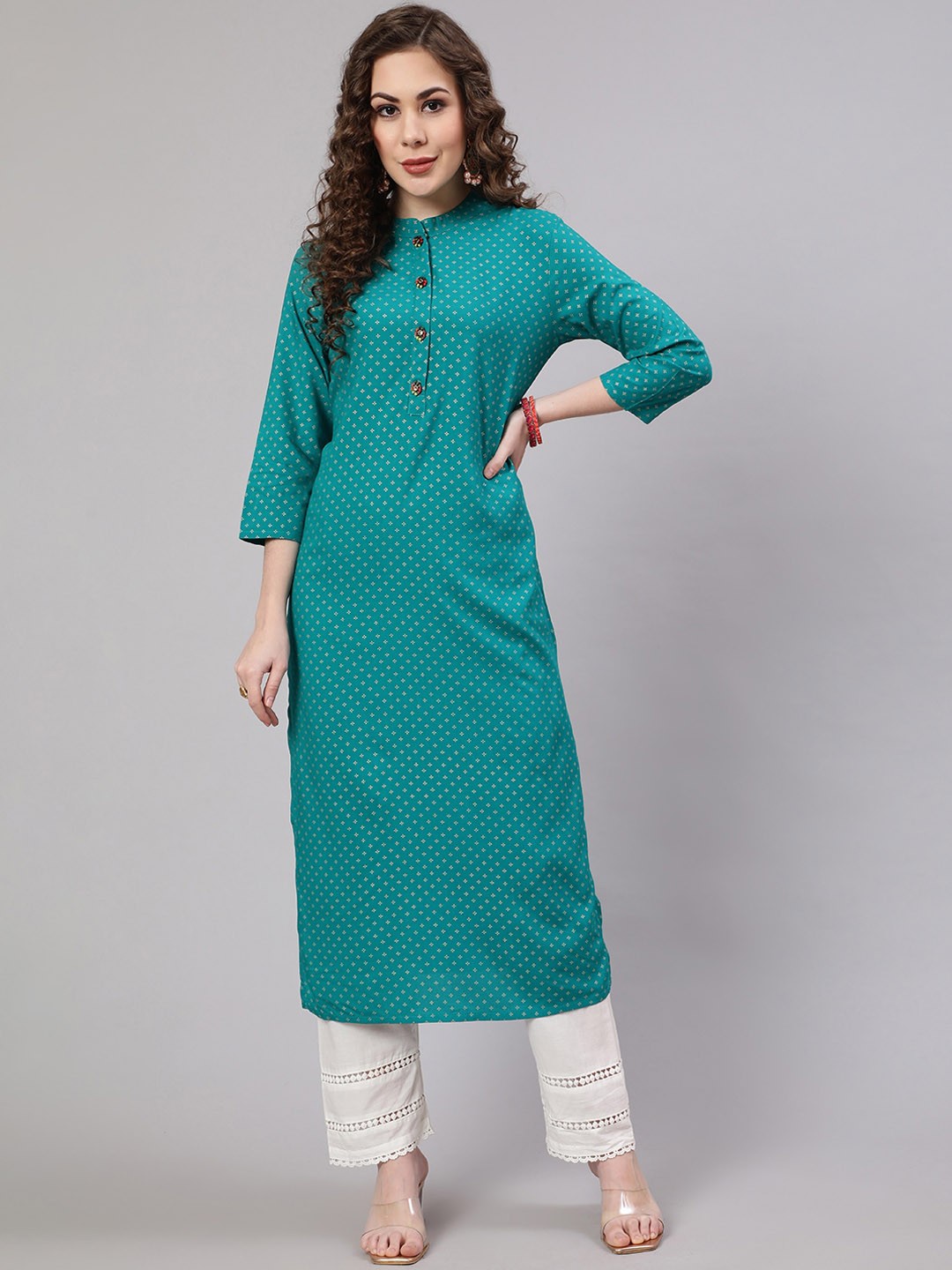 

Pankvi Ethnic Motif Printed Band Collar Foil Print Straight Kurta, Turquoise blue