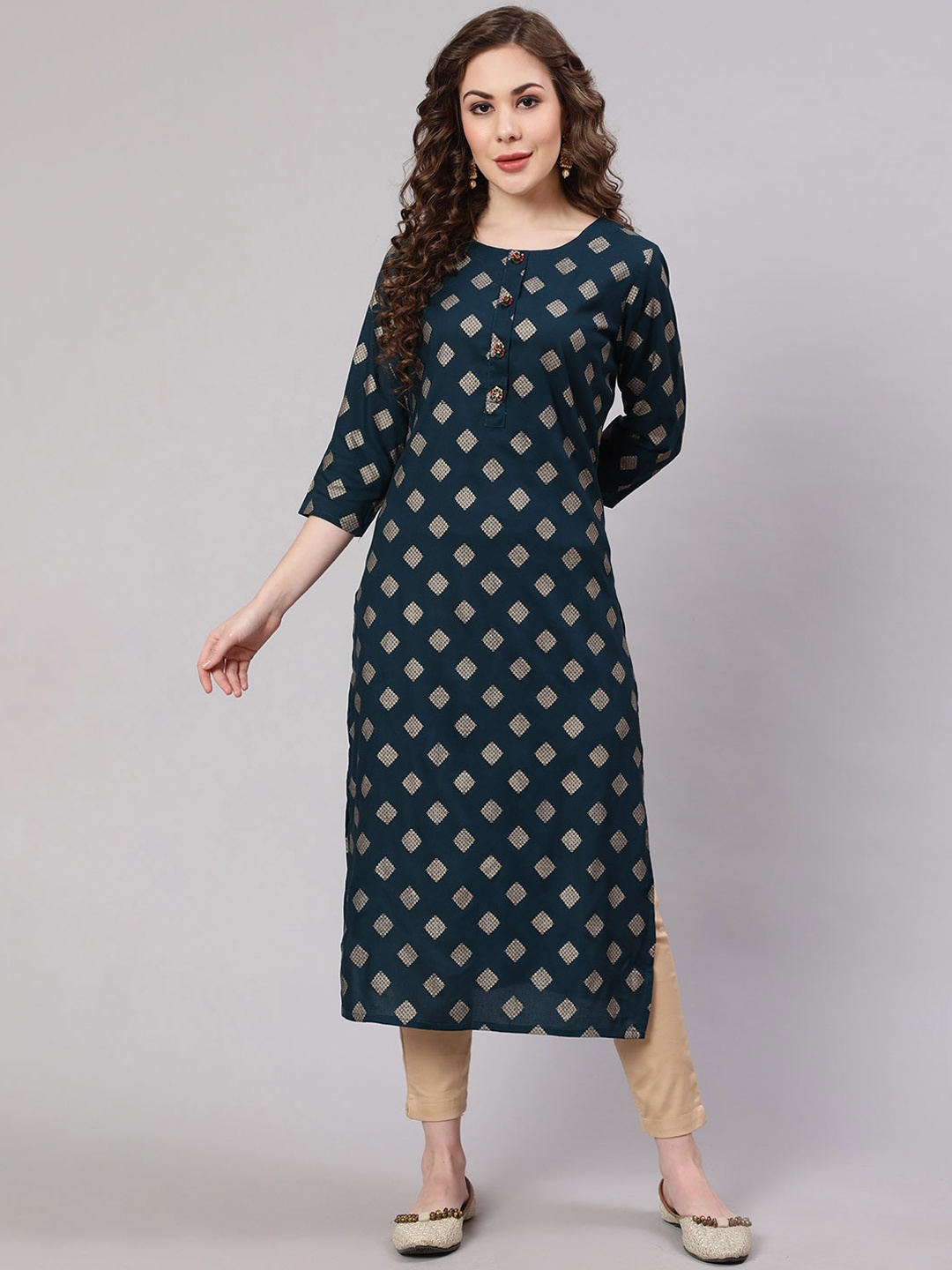 

Pankvi Geometric Printed Straight Regular Kurta, Teal