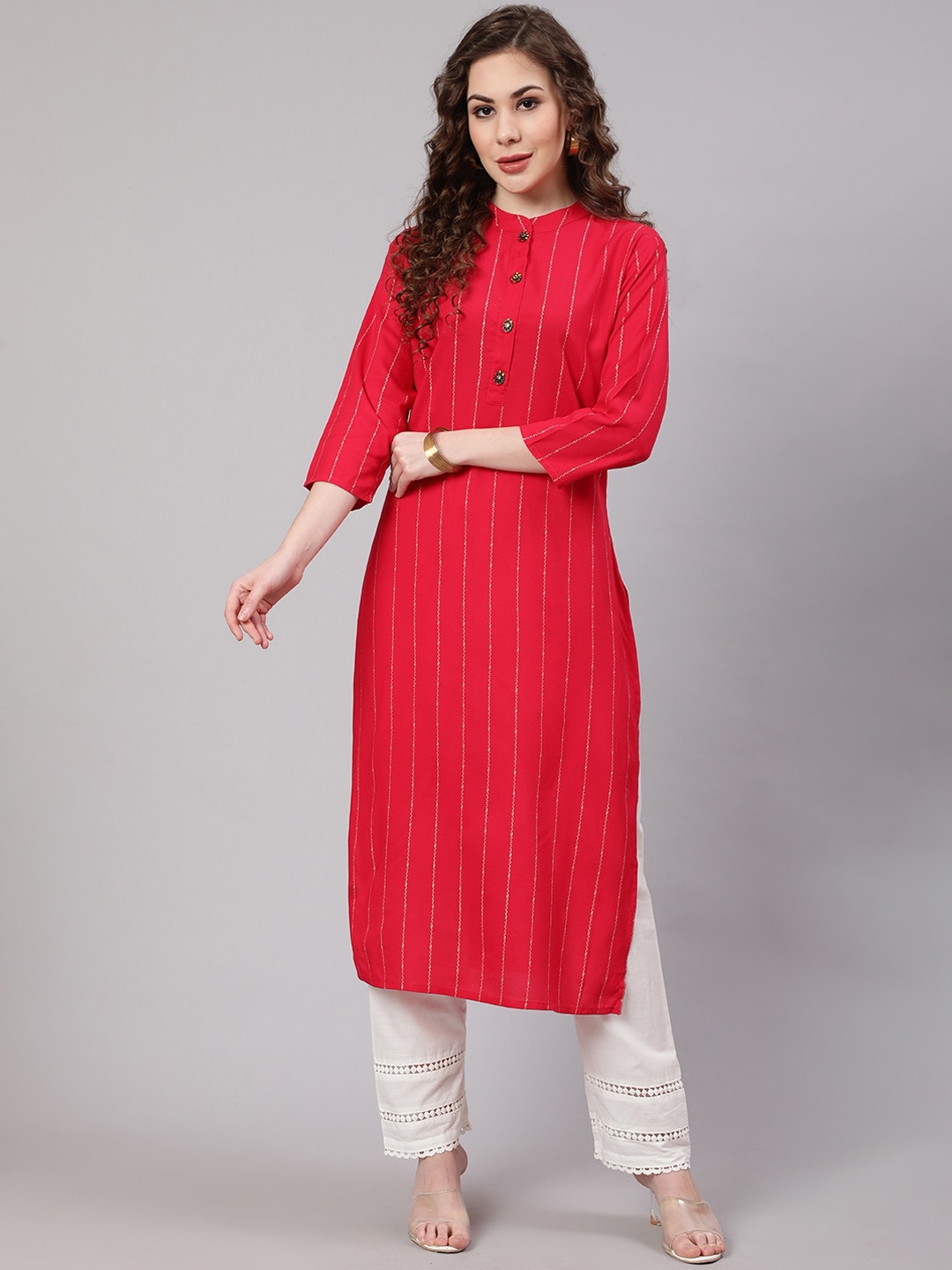 

Pankvi Striped Band Collar Foil Print Straight Kurta, Red