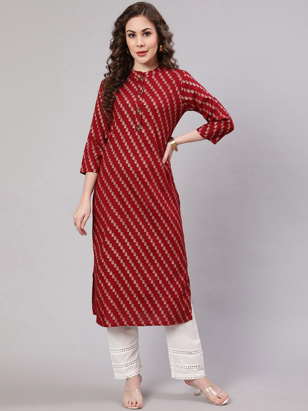 

Pankvi Band Collar Floral Foil Printed Straight Kurta, Maroon