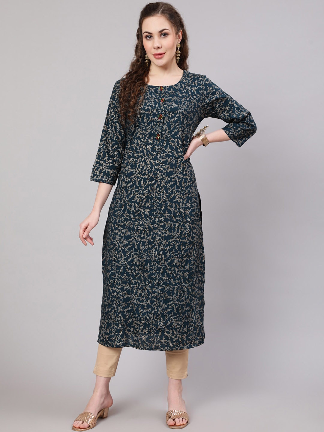 

Pankvi Floral Foil Printed Straight Kurta, Teal