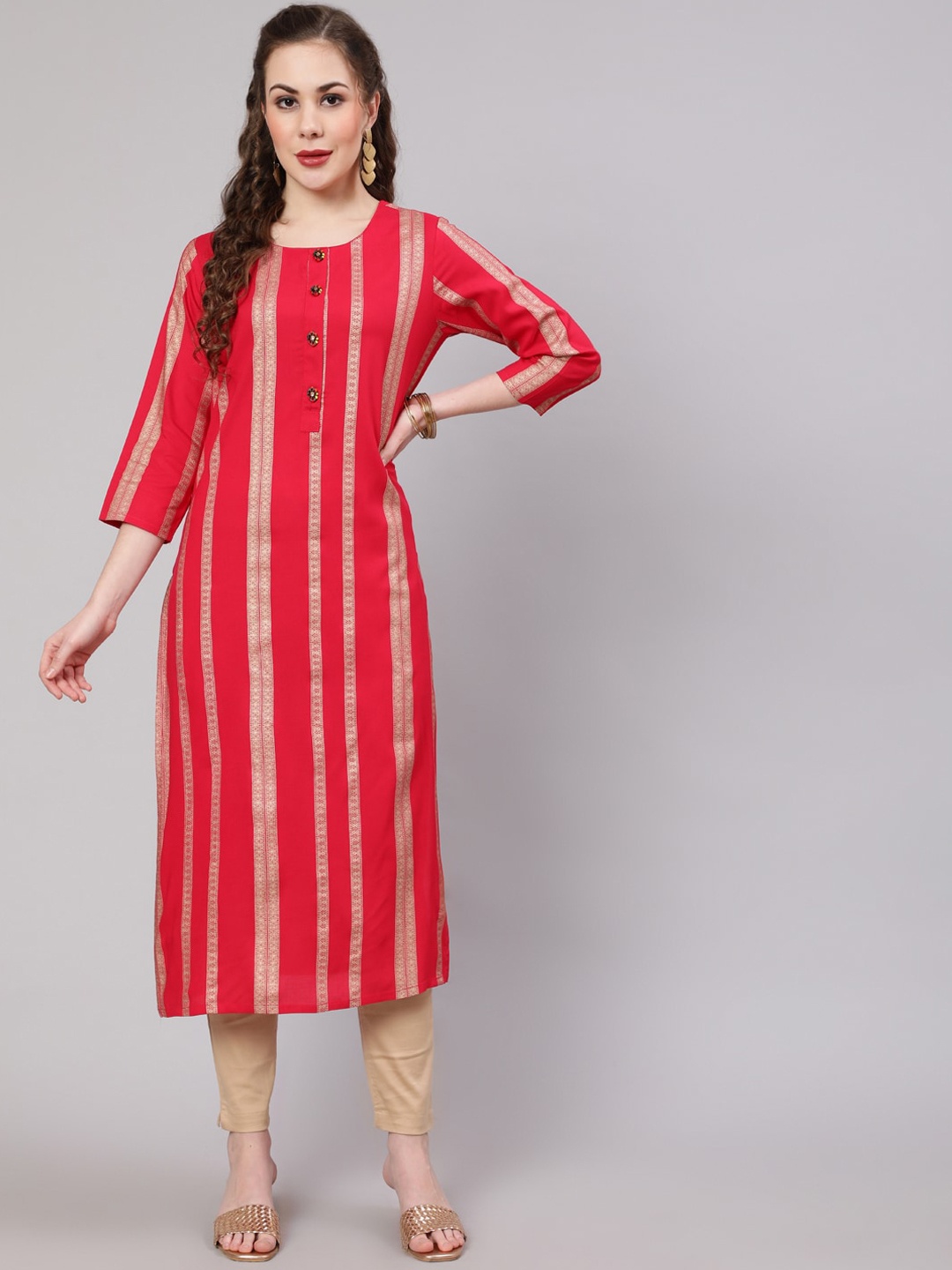 

Pankvi Striped Printed Round Neck Straight Kurta, Pink