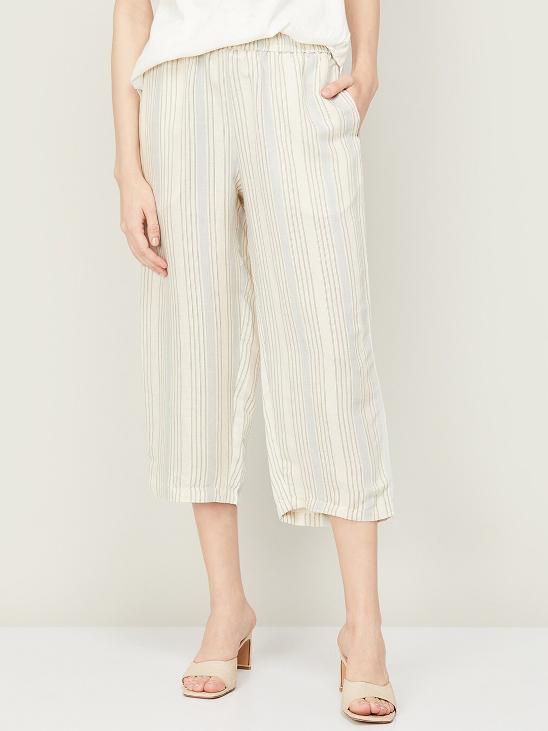 

Melange by Lifestyle Women Striped Mid Rise Linen Culottes Trousers, Beige