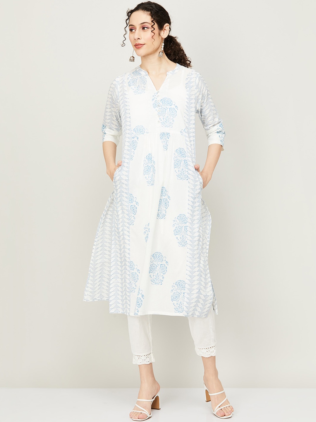 

Melange by Lifestyle Ethnic Motifs Printed A-Line Pure Cotton Kurta, White