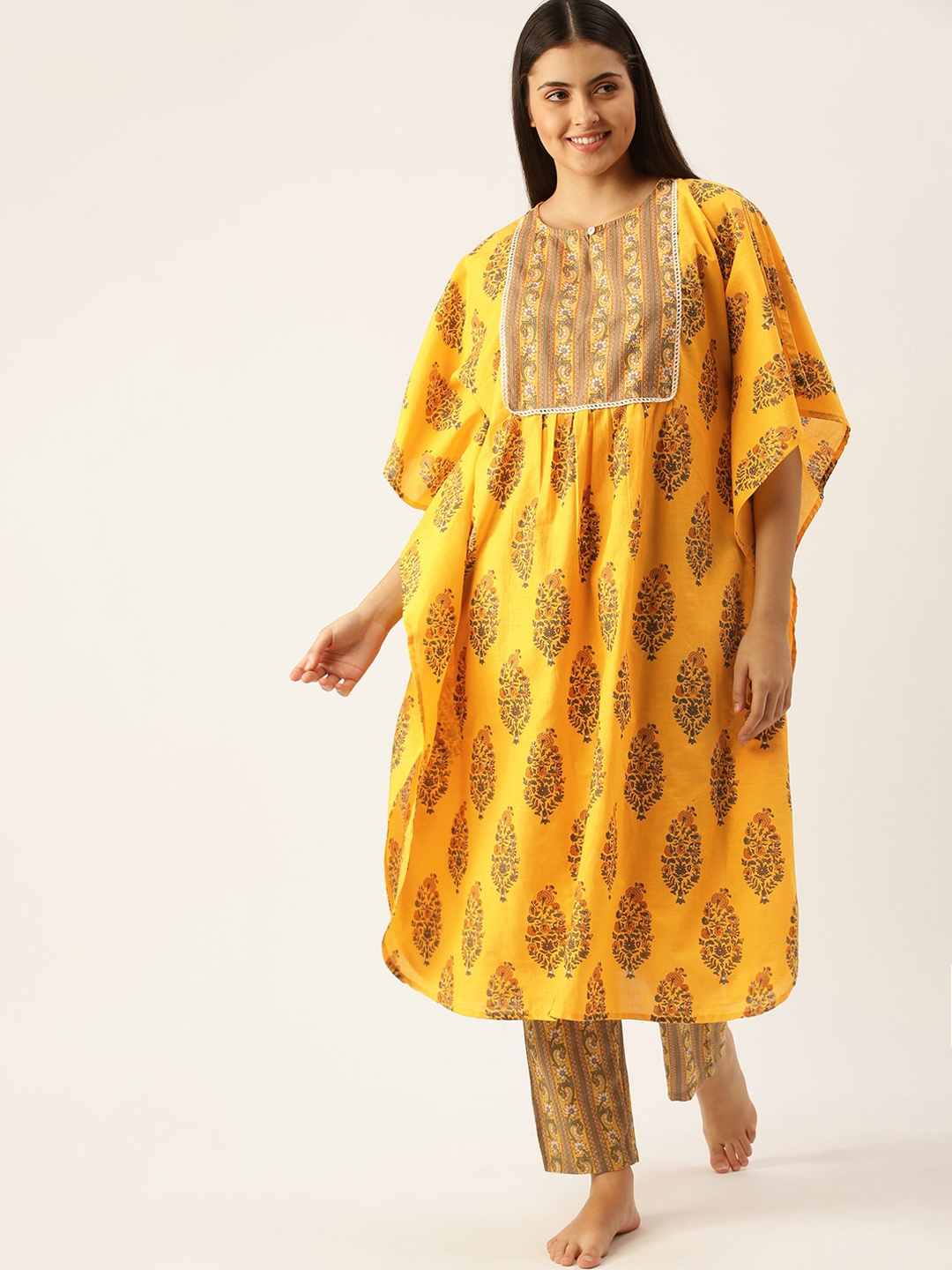 

SANSKRUTIHOMES Ethnic Motifs Printed Pure Cotton Night Suit, Yellow