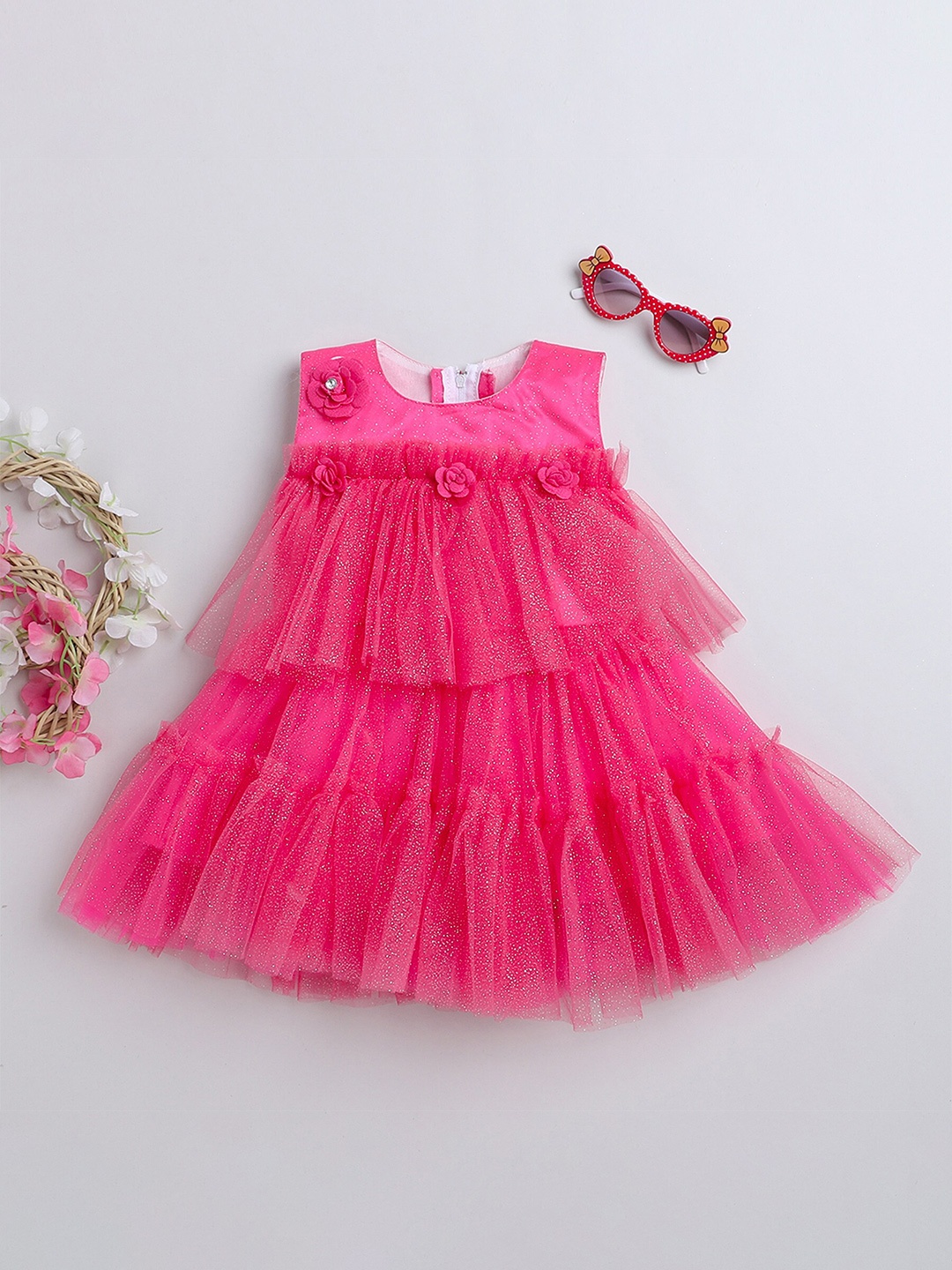 

MANY FROCKS & Girls Self Design Layered Net Tulle A-Line Dress, Pink