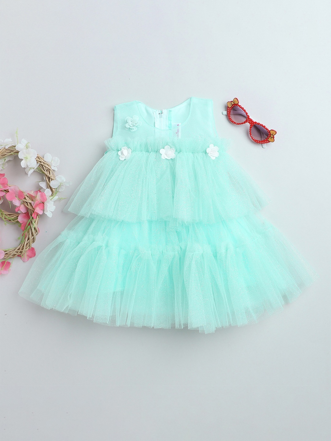 

MANY FROCKS & Girls Self Design Layered Net Tulle A-Line Dress, Sea green