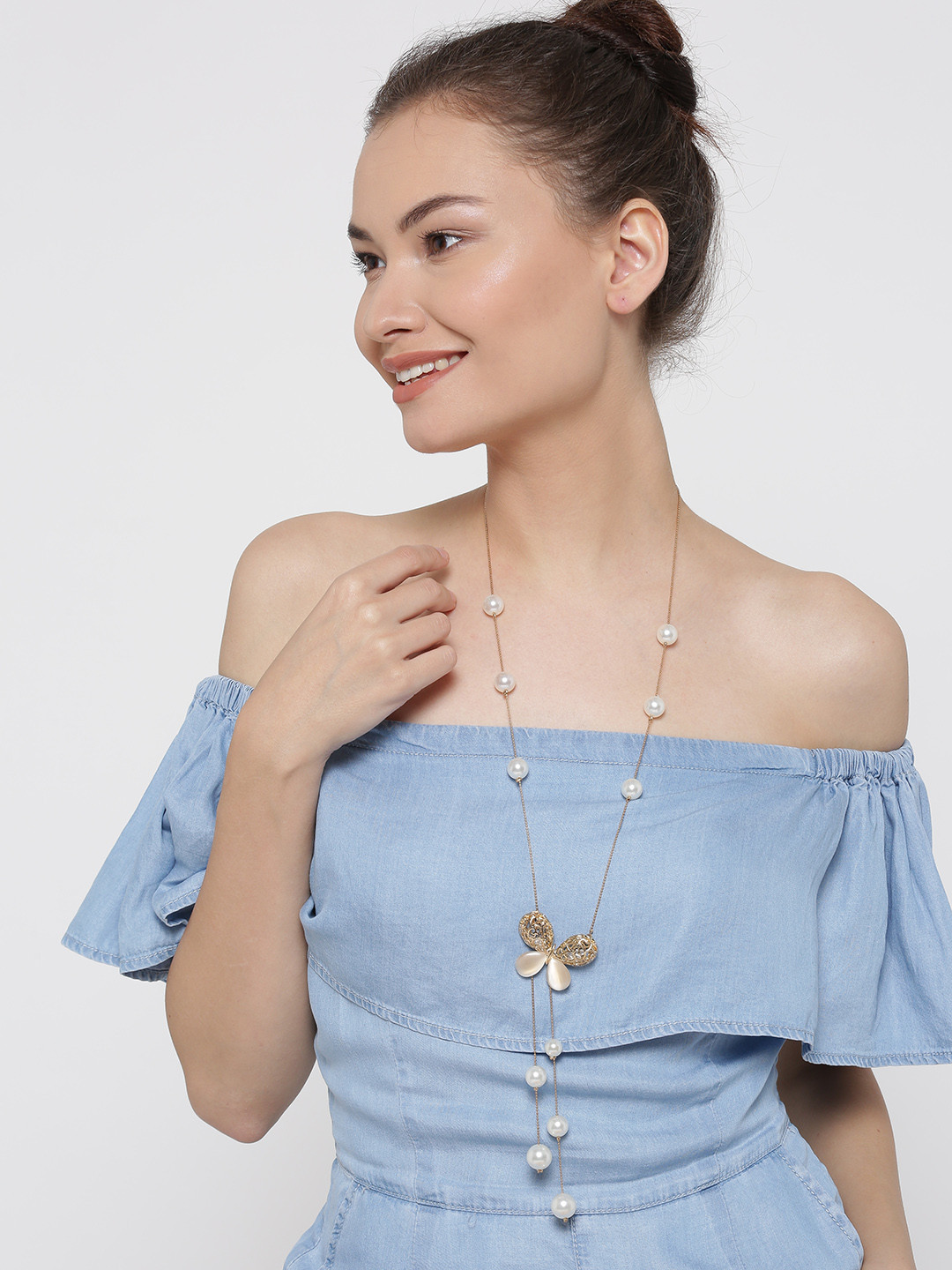 

YouBella Gold-Toned & Off-White Beaded Lariat Necklace