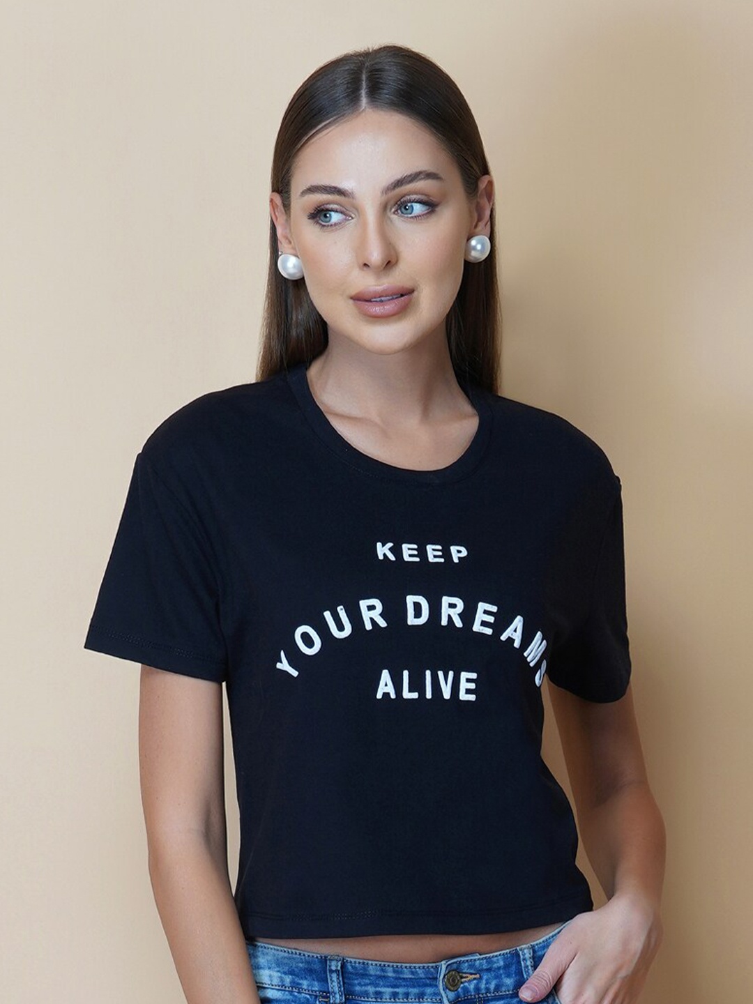 

RAASSIO Typography Printed Monochrome Cotton Bio Finish T-shirt, Black