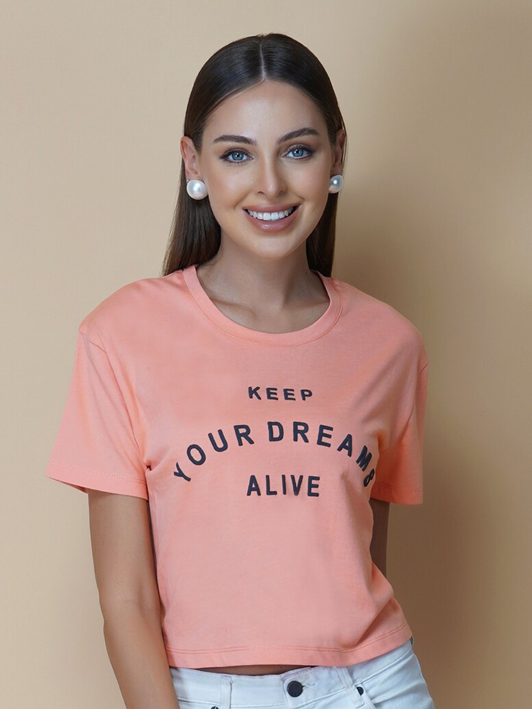 

RAASSIO Typography Printed Cotton Bio Finish T-shirt, Peach