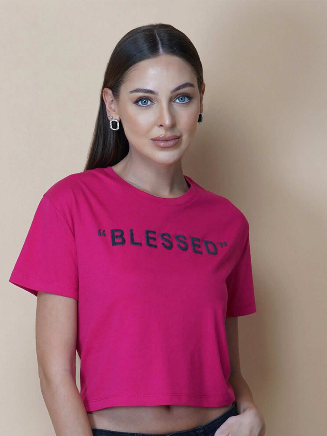 

RAASSIO Typography Printed Cotton Bio Finish T-shirt, Pink