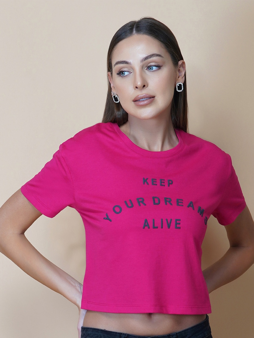 

RAASSIO Typography Printed Cotton Bio Finish T-shirt, Pink
