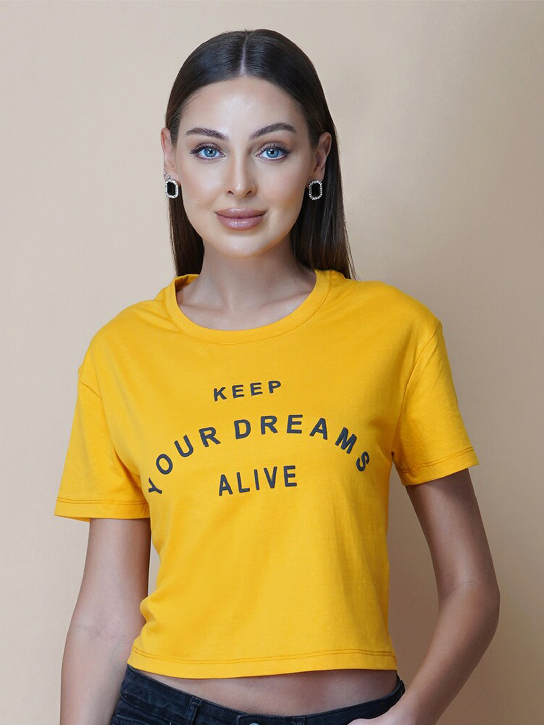 RAASSIO Typography Printed Cotton Bio Finish T-shirt, Yellow