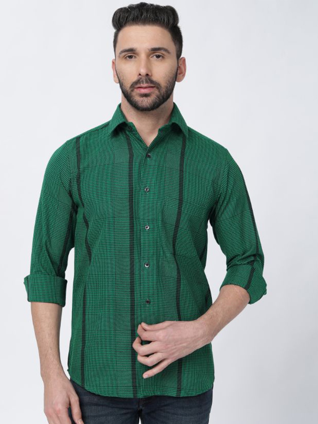 

FRENCH CROWN Checks Twill Cotton Casual Shirt, Green