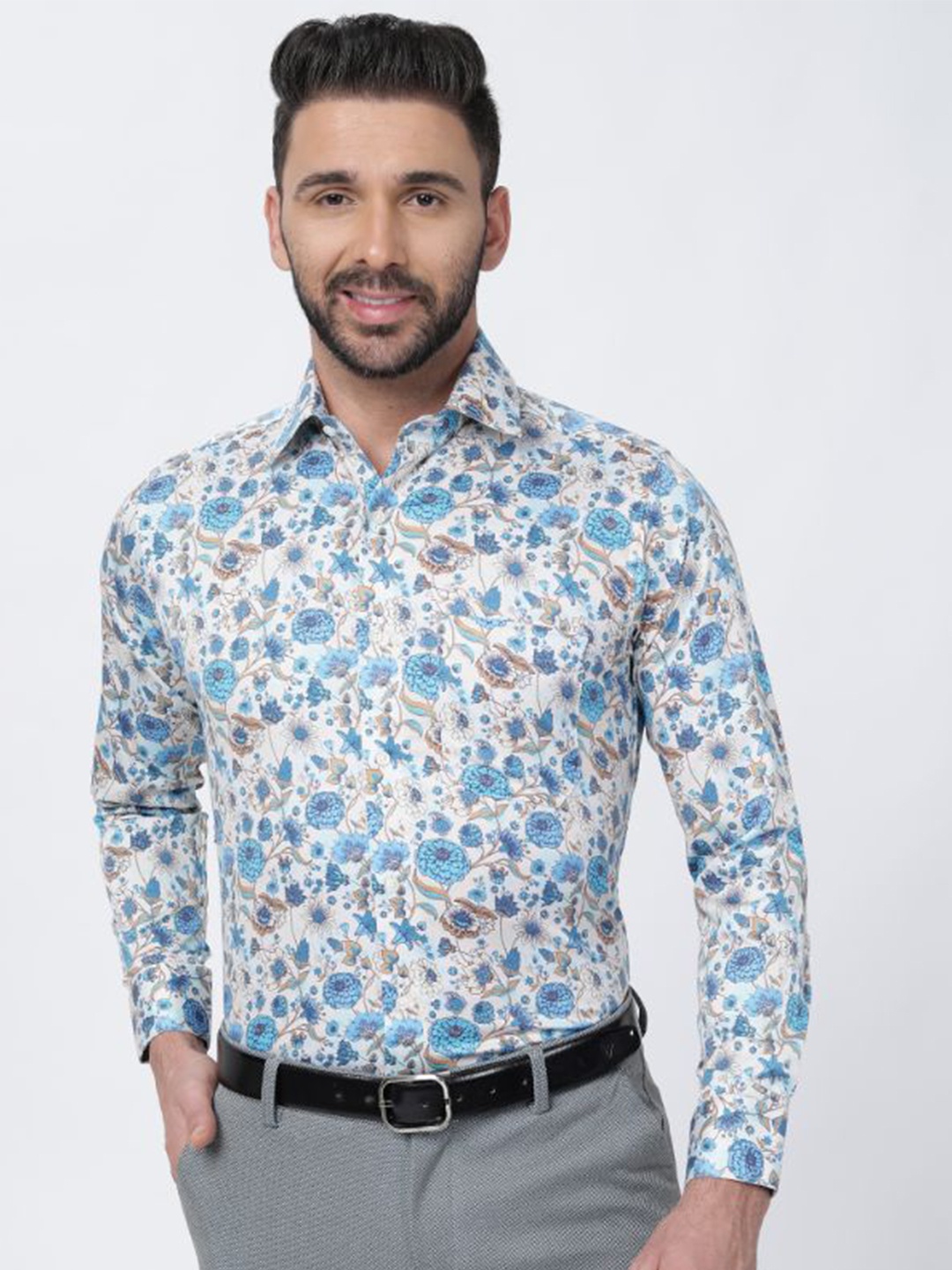 

FRENCH CROWN Floral Printed Twill Cotton Formal Shirt, Off white