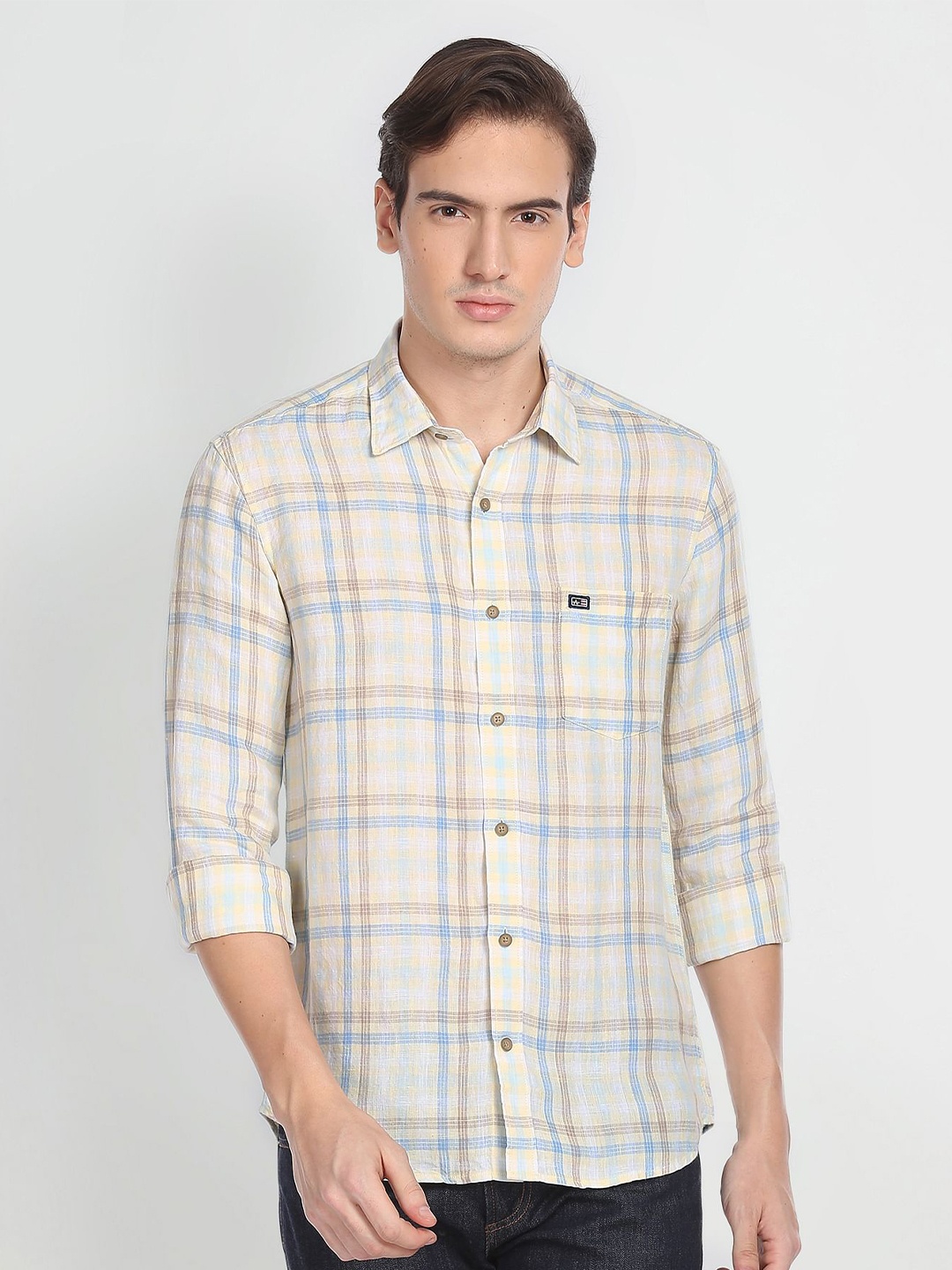 

Arrow Sport Tartan Checks Slim Fit Linen Casual Shirt, Yellow