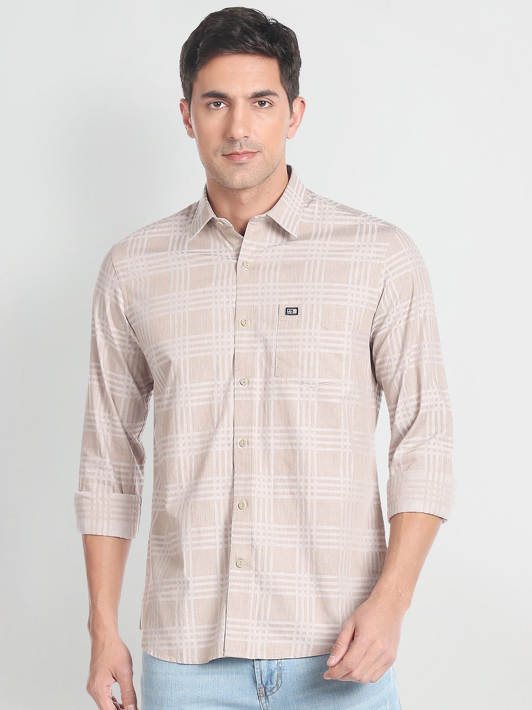 

Arrow Sport Men Pure Cotton Slim Fit Twill Opaque Checked Casual Shirt, Beige