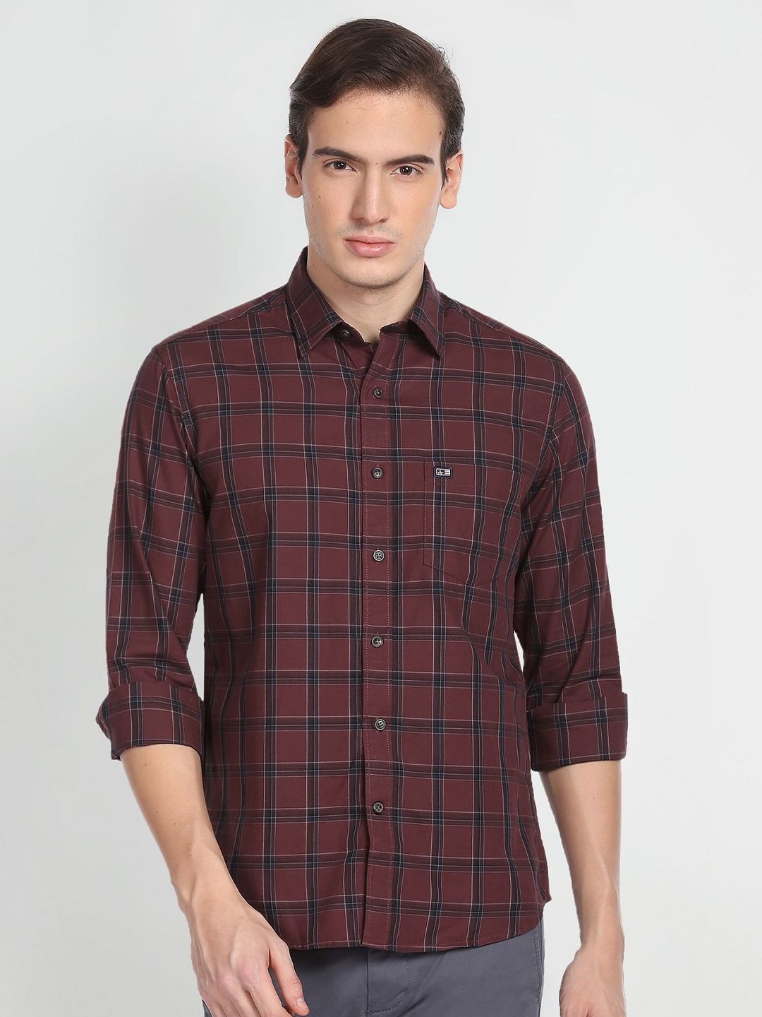 

Arrow Sport Men Pure Cotton Slim Fit Windowpane Checked Casual Shirt, Burgundy