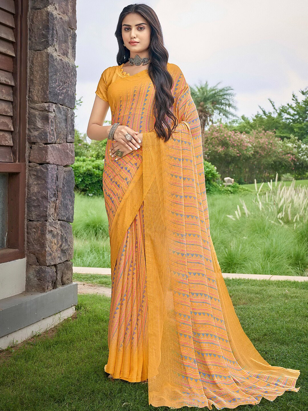 

Kasak Geometric Printed Poly Chiffon Block Print Saree, Yellow
